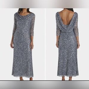 Pisarro Nights Formal Cowl Gown 14 Blue Silver Sequins 3/4 Long Sleeve Party NEW